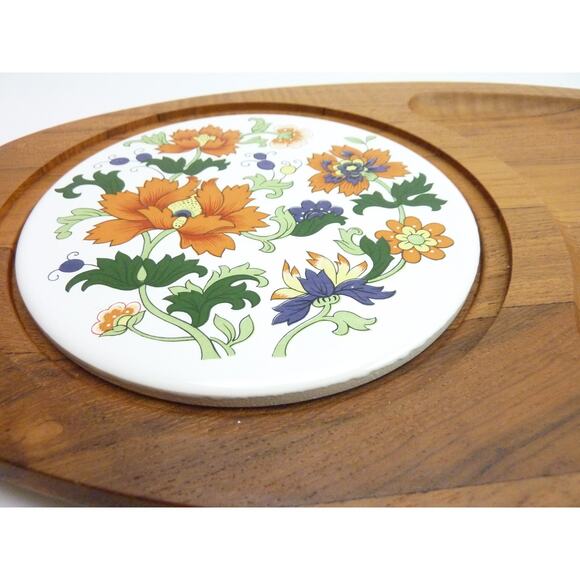 Vintage Wooden Cheeseboard Floral Ceramic Tile Cheese Board Dolphin Teakwood - Picture 2 of 5